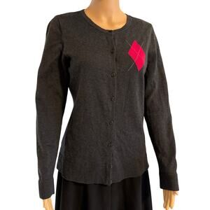 Loft Modern Cardigan in Dark Gray with Argyle Pink Detail, Size M